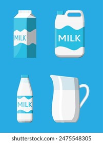 Milk set isolated on blue. Milk dairy drink. Glass bottle, paper packet, ceramic jug and plastic container. Organic healthy product. Vector illustration in flat style