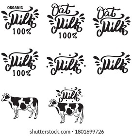 Leche. Un conjunto de vectores de etiquetas de leche. Diseño de vacas y letras, ilustración creativa aislada en fondo blanco