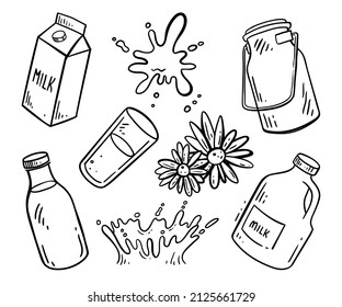 Milk set, momochrome vector illustration in doodle style