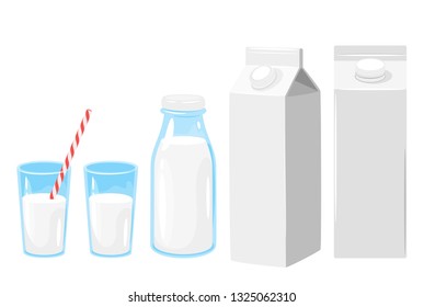 Milk set with paper pack, glass and bottle. Healthy food. Vector cartoon illustration  isolated on white background.