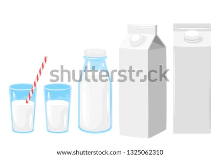 Milk set with paper pack, glass and bottle. Healthy food. Vector cartoon illustration  isolated on white background.
