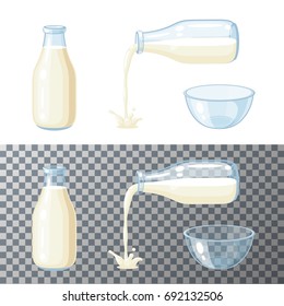 Milk set. Transparent glass bottle with milk, pouring milk, glass bowl. Vector cartoon illustration flat icon isolated on white.