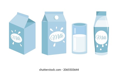 Milk set. Vector illustration with a carton box in perspective, a glass and a bottle.