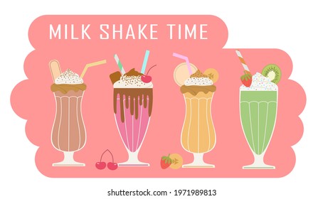 Milk shake cocktails vector in glass  in flat syle for fancy party with chocolate, banana, kiwi, cacao, fresh fruits for fliers, cards, backgrounds, web design and magazines