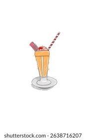 Milk shake drink with strawberry cream and cherry wafer stick