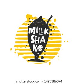 Milk shake grunge style banner template. Cocktail glass silhouette on striped round frame with stylized lettering, ink drops. Cafe menu, shop, poster design element