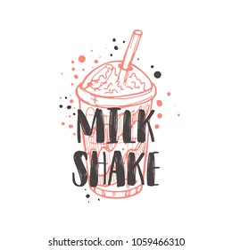 Milk shake logo, icon and label for your design. Hand drawn vector illustration. Can be used for cafe, restaurant, bar, food studio, poster, sticker, shop, kitchen classes, emblem, sticker, badge.