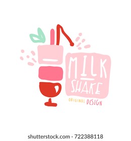 Milk shake logo template in pink colors, badge for restaurant, bar, cafe, menu, sweet shop, hand drawn vector illustration