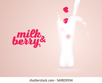 Milk shake with raspberries in a glass. Logo Milk and berry. 3d Vector illustration