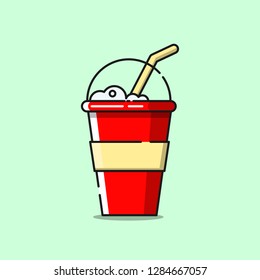 Milk shake in red cup with straw. Fast food lunch.