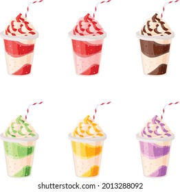 milk shake set vanilla, strawberries, chocolate, orange, kiwi, blueberries