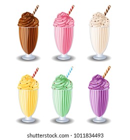 milk shake set of vector vanilla, chocolate, strawberries, banana, blueberries, kiwi on white background