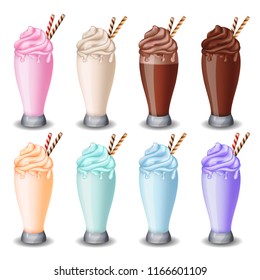 milk shake set of vector vanilla, chocolate, strawberries, banana, blueberries, kiwi on white background