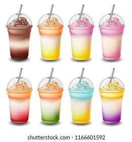 milk shake set of vector vanilla, chocolate, strawberries, banana, blueberries, kiwi on white background