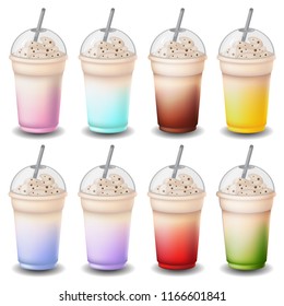 milk shake set of vector vanilla, chocolate, strawberries, banana, blueberries, kiwi on white background