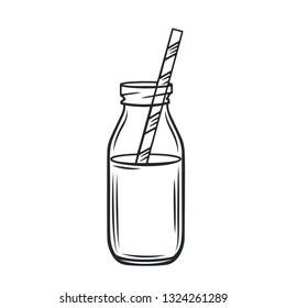 Milk shake smoothie in a glass bottle. Outline vector illustration.