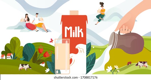 Milk shake smoothie summer drink on green meadow with cows, flowers and milk package, young people, milky drink cartoon vector illustration. Camomile field landscape for milkshake advertisement.