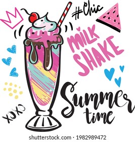 Milk Shake Typography Hand drawn cute girls illustration for t shirt printing.Cute  slogan, for clothes, banner, girls, women, child. 