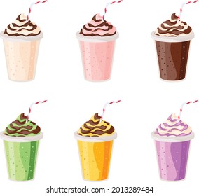 milk shake  vanilla, strawberries, Cherry, chocolate, orange, kiwi, blueberries on white background