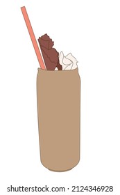 Milk shake with waffle and whipped cream in a glass.