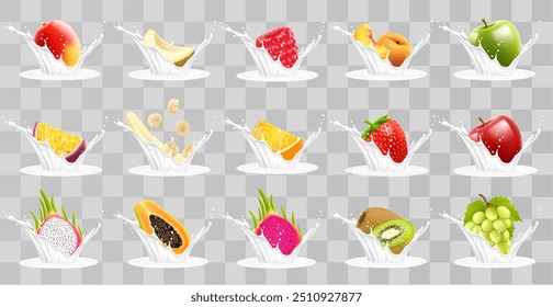 Milk shake or yogurt of Mango, melon, orange, peach, apple, passion fruit, banana, raspberry, strawberry, grape, papaya, dragon fruit, kiwi. Fruits and splashes of milk, 3d realistic vector icon set