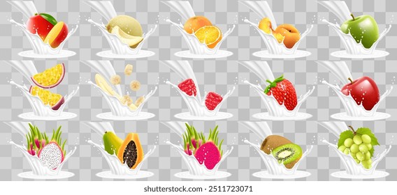 Mergulho ou iogurte de manga, melão, laranja, pêssego, maçã, maracujá, banana, framboesa, morango, uva, mamão, fruta de dragão, quivi. Frutas e respingos de leite, conjunto de ícone de vetor realista 3d