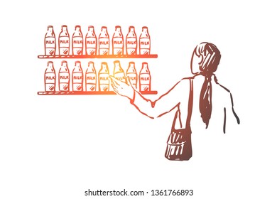 Milk, shop, customer, store bottle concept. Hand drawn fresh milk on the shop shelves and customer concept sketch. Isolated vector illustration.