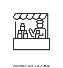 Milk shop. The seller behind the counter sells milk, linear icon. Line with editable stroke