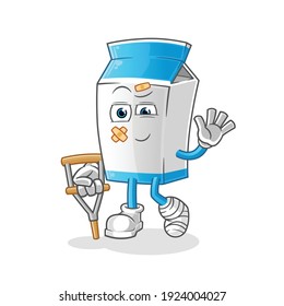 milk sick with limping stick character. cartoon mascot vector