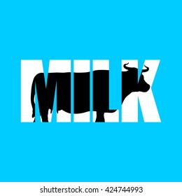 Milk. Silhouette of cow in text. Farm animals and Typography. Cloven-hoofed ruminant letters
