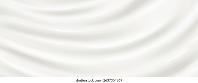 Milk or silk cream texture with smooth flowing waves - white liquid surface with elegant folds and soft ripples. Luxurious dairy product background for cosmetic or food design presentations.