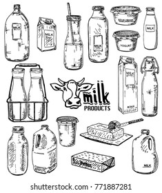 Milk sketch set. Set of packaging for milk, hand drawn icons. Black and white elements, big collection. Illustration with sketch objects. Design background, dairy products