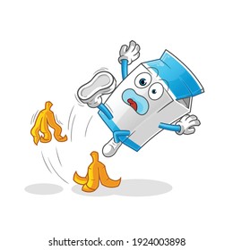 milk slipped on banana character. cartoon mascot vector