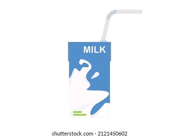 Milk in small carton packaging with straw. Simple flat illustration