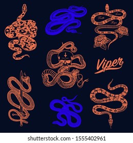 Milk snake with roses, skeleton royal python with skull, neon reptile with sword, Venomous Cobra. Viper template for poster or tattoo. Engraved hand drawn old Vintage sketch for t-shirt or logo. 