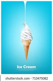 Milk Soft Ice Cream In The Cone, Pour Melted Milk, Vector Illustration