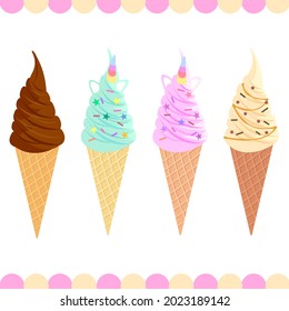 milk soft serve.Collection ice-cream cones. isolated on white background. 
unicorn soft ice cream waffle cones.elements for ice cream shop and summer season.Chocolate ,strawberry,mint,vanilla flavor.