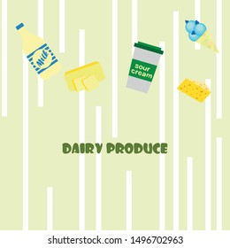 Milk, sour, cheese, ise, cream, butter. Vector illustration of dairy products.