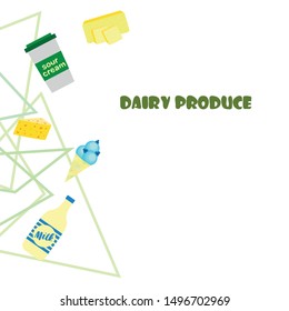 Milk, sour, cheese, ise, cream, butter. Vector illustration of dairy products.