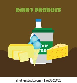 Milk, sour, cheese, ise, cream, butter. Vector illustration of dairy products.