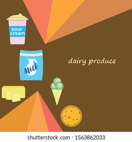 Milk, sour, cheese, ise, cream, butter. Vector illustration of dairy products.
