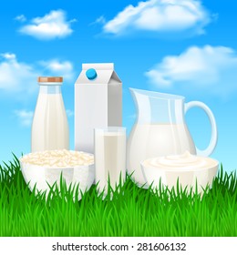 Milk and sour cream products on meadow background vector illustration