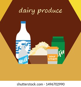 Milk, sour, kefir, cottage, cheese. Vector illustration of dairy products.