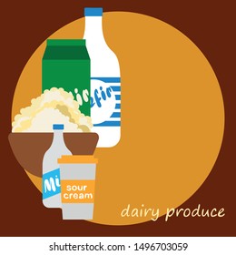 Milk, sour, kefir, cottage, cheese. Vector illustration of dairy products.