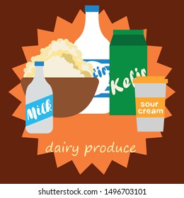Milk, sour, kefir, cottage, cheese. Vector illustration of dairy products.