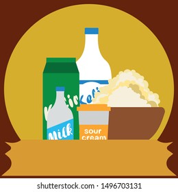 Milk, sour, kefir, cottage, cheese. Vector illustration of dairy products.