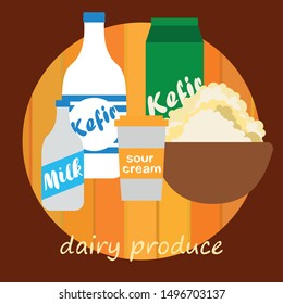 Milk, sour, kefir, cottage, cheese. Vector illustration of dairy products.
