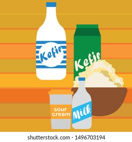 Milk, sour, kefir, cottage, cheese. Vector illustration of dairy products.