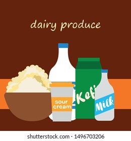 Milk, sour, kefir, cottage, cheese. Vector illustration of dairy products.