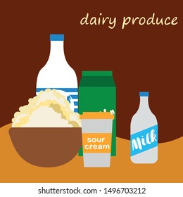 Milk, sour, kefir, cottage, cheese. Vector illustration of dairy products.